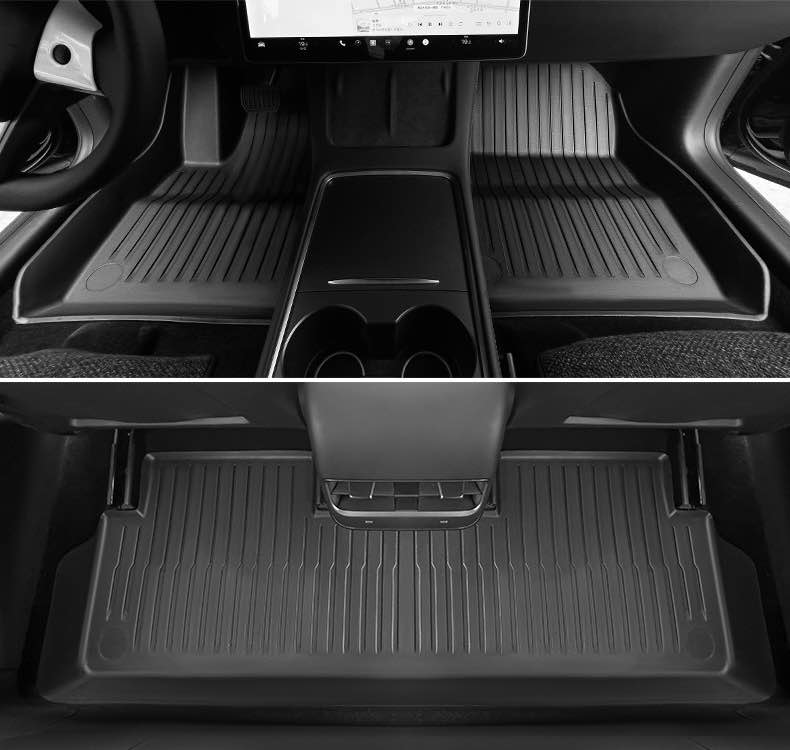 Model 3 interior mats shown installed in the front and rear footwells in the Premium listing
